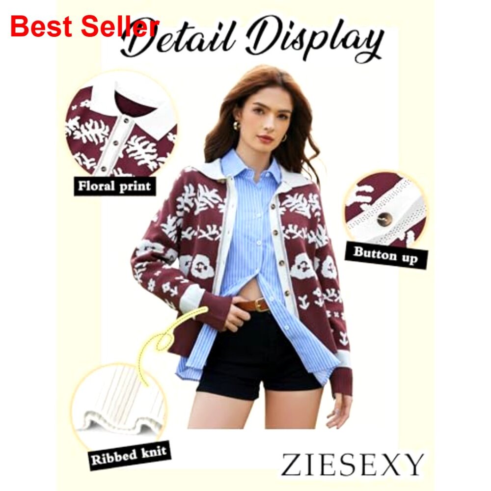 Long Sleeve Floral Print Cardigan Sweater Button Up Knit Top - Picture 5 of 7